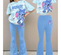 Ensemble 2 pièces T-shirt à manches courtes col rond ample et pantalon évasé, motif lapin bleu Lulu mignon, motif point de couture, teinte tie-dye bleu océan frais. Tenue d'été confortable pour ados f