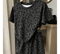 Ensemble 2 pièces T-shirt à manches courtes col rond et short, imprimé léopard vintage noir & gris, style décontracté confortable pour fille pré-ado, adapté au printemps/été, quotidien, vacances, sort