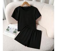 Ensemble 2 pièces T-shirt à manches courtes rose style pur désir & short pour filles, nouveau tee-shirt court coupe slim + short à taille élastique, tenue décontractée sportive polyvalente pour grande