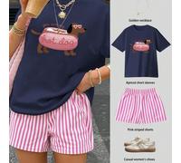 Ensemble 2 pièces T-shirt ample à manches courtes avec l'impression "You Are My Hot Dog" et short rayé, imprimé léopard, pois, tartan, élégant, sportif, fête, gym, été, festival de juin, tenue bleue p