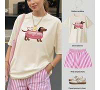 Ensemble 2 pièces T-shirt ample à manches courtes imprimé You Are My Hot Dog & short rayé pour femmes, imprimé léopard, pois, carreaux, élégant, sportif, fête, gym, été, festival de juin, tenue abrico