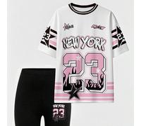 Ensemble 2 pièces T-shirt avec imprimé slogan de lettre New York et numéro 23, ainsi que short de cycliste. Tenue décontractée et pour femmes L,M,S,XL,XSGéométrique,LettresTissu tricoté