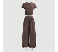 Ensemble 2 pièces T-shirt côtelé imprimé nœud et leggings pour préadolescentes, mode décontractée polyvalente pour tous les jours 7Y,8Y,9Y,10Y,11Y,12Y,13YUnicolorePolyester