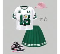 Ensemble 2 pièces T-shirt de sport à imprimé marguerite rétro et mini-jupe plissée pour adolescente, mélange parfait du style vintage américain et du style sportif chic, un choix qui attire les regard