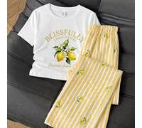 Ensemble 2 pièces T-shirt imprimé et leggings pour préadolescentes, mode décontractée polyvalente pour tous les jours 7Y,8Y,9Y,10Y,11Y,12Y,13YRayéTissu tricoté
