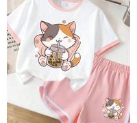 Ensemble 2 pièces t-shirt imprimé graphique créatif et short, nouvelle arrivée printemps/été, tenue décontractée d'extérieur, coupe confortable avec des éléments ludiques, parfait pour des tenues quot