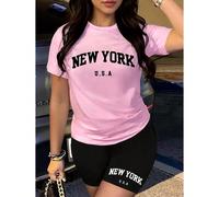 Ensemble 2 pièces T-shirt imprimé New York et shorts pour femmes, style casual L,M,S,XLLettresÉtoffe