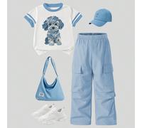 Ensemble 2 pièces, T-shirt imprimé numérique mignon de chiot, pantalon long bleu, T-shirt col rond manches courtes et pantalon cargo jambes larges, décontracté confortable, style de rue à la mode pour
