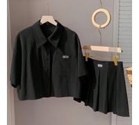 Ensemble 2 pièces t-shirt manches courtes avec patch lettrage et short décontracté, noir, été L,M,S,XSBlocs de couleur,LettresTissu tissé