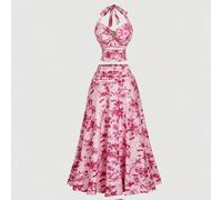 Ensemble 2 pièces top à col ras-du-cou et jupe à fleurs roses romantiques pour femmes. Idéal pour l'été, les vacances, la plage, les moments romantiques, le jardin, le thé de l'après-midi, le style vi