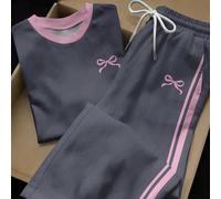 Ensemble 2 pièces Top à col rond brodé à manches courtes et pantalon imprimé rayé, décontracté L,M,S,XL,XSNœud papillon,RayéTissu tricoté,Tissu tissé