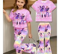 Ensemble 2 pièces Top à manches courtes col rond et pantalon évasé, motif de jeune fille décontractée en bandes dessinées, dégradé coloré de dopamine, superstars K-pop, chill chill. Convient pour l'ét