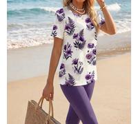 Ensemble 2 pièces Top à manches courtes et pantalon de couleur unie, imprimé floral et feuillage, style décontracté minimaliste, romantique et élégant, adapté pour l'été L,M,S,XLImprimés aléatoiresTis
