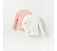 Ensemble 2 pièces Top à manches longues col montant avec bordure vague, couleur unie, style décontracté de base pour bébé fille, chic pour l'automne/hiver 6-9M,9-12M,12-18M,18-24M,2-3Y,0-1M,1-3M,3-6MU