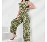 Ensemble 2 pièces Top à volants imprimé plantes all-over et pantalon pattes d'éléphant L,M,S,XL,XS,XXL,XXS,XXXL,XXXXLTissu tissé