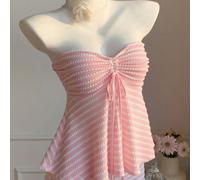 Ensemble 2 pièces Top bandeau avec nœud devant rayé et short pour femmes L,M,S,XS,XXSTout ImpriméTissu tricoté