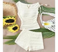 Ensemble 2 pièces Top court à texture de bulle en tricot abricot avec ceinture nouée et mini-shorts taille basse, convient pour les fêtes, la ville, les road trips, les vacances d'été à la plage 14Y,1