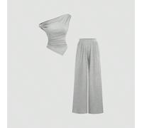 Ensemble 2 pièces tout-aller polyvalent pour femmes, Top asymétrique à épaules dénudées avec accessoires en métal argenté et pantalon droit décontracté à jambes larges L,M,S,XSUnicoloreTricot côtelé