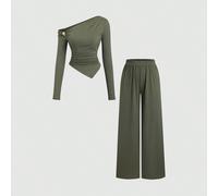 Ensemble 2 pièces tout-aller pour femmes, nouveau pour l'automne/hiver. Top à manches longues asymétrique et épaules dénudées avec décoration métallique, et pantalon droit casual à jambes larges L,M,S