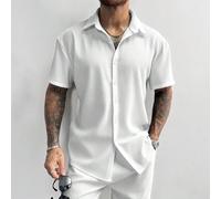 Ensemble 2 pièces tricoté texturé blanc pour hommes GloMan, chemise à manches courtes avec boutons, short à taille avec cordon de serrage, tenue décontractée et confortable pour l'été, pour le quotidi