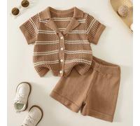 Ensemble 2 pièces unisexe pour bébé garçon/fille, style décontracté mignon de vacances, chemise tricotée rayée à manches courtes, cardigan et short, printemps/été 6-9M,9-12M,12-18M,18-24M,2-3YGéométri