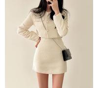 Ensemble 2 pièces veste et jupe en tweed pour femme, blazer à manches longues et boutons en perle avec jupe trapèze, costume élégant et décontracté pour les vacances de printemps et d'automne (L