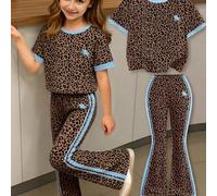 Ensemble 2 pièces vintage doux avec imprimé léopard et rayures bleues équestres, motif de bande dessinée décontracté pour jeune fille, t-shirt à col rond à manches courtes et pantalon évasé, adapté po