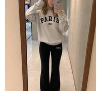 Ensemble 2 pièces vintage doux et cool pour filles, Sweat-shirt gris à col rond avec imprimé floral, associé à un pantalon évasé noir, avec imprimé artistique noir "PARIS 1993" sur la poitrine, pantal