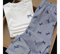 Ensemble 2 pièces Vintage Sweet Girl avec motif mini nœud, rayures bleues, style rétro de ballet, top T-shirt ajusté à la taille froncé et pantalon ample, mode minimaliste décontractée pour filles pré