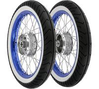 Ensemble: 2 roues complètes jante en aluminium bleu 1,5x16" + rayons en acier inoxydable + pneus à flancs blancs Mitas MC2