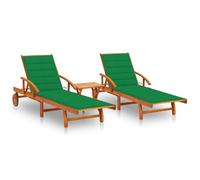 Ensemble 2 Transats avec Table, Bois d'Acacia Massif, Reclinable et Roullettes, Design Moderne, Confortable et Stable, Transat Jardin Exterieur, Bains de Soleil, Vert, 199 x 67 cm et 40 x 40 cm