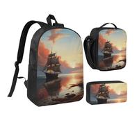 Ensemble 3 en 1 3 pièces avec sac à dos à bandoulière et trousse à crayons isotherme, sac à déjeuner léger pour ordinateur portable de 43,2 cm, motif voilier paysage