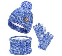 Ensemble 3 en 1 Bonnet Echarpe Gants Enfant Hiver Accessoires D'hiver Chaud Tricoté Chapeau Tricoté Tour de Cou Chaud Avec Doublure Gants Pour Filles 3-10 Ans Bleu