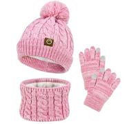 Ensemble 3 en 1 Bonnet Echarpe Gants Enfant Hiver Accessoires D'hiver Chaud Tricoté Chapeau Tricoté Tour de Cou Chaud Avec Doublure Gants Pour Filles 3-10 Ans Rose