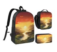 Ensemble 3 en 1 sac à dos 3 pièces avec pochette isotherme pour ordinateur portable 43,2 cm, sac à déjeuner à bandoulière léger et trousse à crayons Motif soleil levant