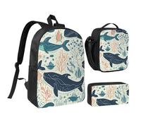 Ensemble 3 en 1 sac à dos avec boîte à déjeuner isotherme, sac à crayons léger pour ordinateur portable 43,2 cm, sac à déjeuner à bandoulière et trousse à crayons, motif baleine sous-marine