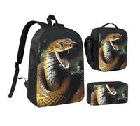 Ensemble 3 en 1 sac à dos Cobra Snake avec trousse à crayons isotherme, sac léger pour ordinateur portable 43,2 cm, sac à déjeuner à bandoulière et trousse à crayons