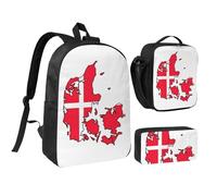 Ensemble 3 en 1 sac à dos décontracté avec motif carte du drapeau danois, sac à bandoulière, sac à déjeuner, pochette à stylos, 43,2 cm pour homme et femme, noir, One Size