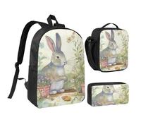 Ensemble 3 en 1 sac à dos motif lapin de jardin avec trousse à crayons isotherme, sac léger pour ordinateur portable 43,2 cm, sac à déjeuner à bandoulière et trousse à crayons