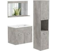 Ensemble 3 meubles salle de bain avec vasque - meuble sous-vasque suspendu, miroir, meuble colonne mural - aspect béton ciré Gris