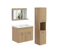 Ensemble de Meubles de Salle de Bain - kleankin - 4 Pièces - Mural - Miroir, Meuble sous Vasque, Lavabo et Armoire Haute - Naturel
