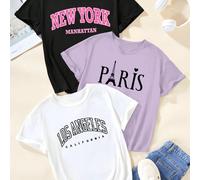 Ensemble 3 pièces à manches courtes pour adolescentes avec impression de lettres spéciales, t-shirt avec design imprimé de la culture et des coutumes régionales de New York et Paris, sens polyvalent d