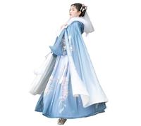 Ensemble 3 pièces automne-hiver for femme Hanfu, cape, manteau à capuche, imprimé floral, manteau chaud, style féerique, manteau de princesse de la dynastie Tang, style ancien chinois vintage(Blue,M)