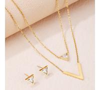 Ensemble 3 pièces : collier et boucles d'oreilles double rang en acier inoxydable plaqué or 18 carats avec strass en forme de V, idéal pour un anniversaire, Noël, le Nouvel An, un rendez-vous galant o