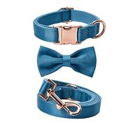Ensemble 3 pièces collier et laisse en soie pour chien avec nœud papillon amovible et boucle en métal réglable pour chiens de petite, moyenne et grande taille (taille L, bleu sarcelle)