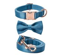 Ensemble 3 pièces collier et laisse en soie pour chien avec nœud papillon amovible et boucle en métal réglable pour chiens de petite, moyenne et grande taille (taille M, bleu sarcelle)