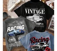 Ensemble 3 pièces de t-shirts à manches courtes col ras-du-cou, coupe ample et confortable, style décontracté minimaliste Y2K pour bébé garçon, polyvalent et à la mode, motif voiture, vintage américai