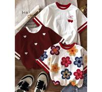 Ensemble 3 pièces de T-shirts à manches courtes pour bébé et enfants, style vintage dopamine floral, rayures blocs de couleurs, cœur, nœud et cerise, Chill Chill, pour jeunes filles, simple, décontrac