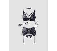 Ensemble 3 Pièces Effet Cuir & Dentelle Avec Laisse Noire