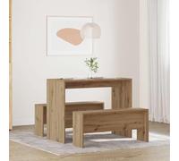 Ensemble 3 pièces en chêne artisanal avec table et bancs en bois composite durable et bancs spacieux, parfait pour les repas de famille confortables, meubles de maison modernes